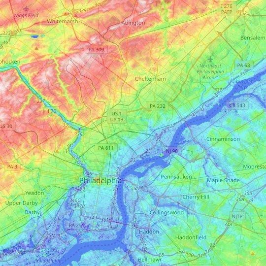 Mapa de elevación de Filadelfia